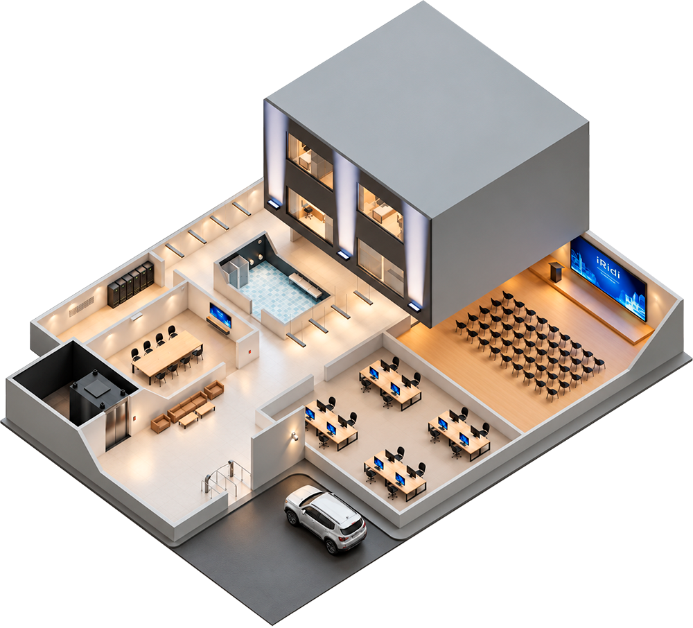 Cutaway of a building with rooms, engineering areas and parking